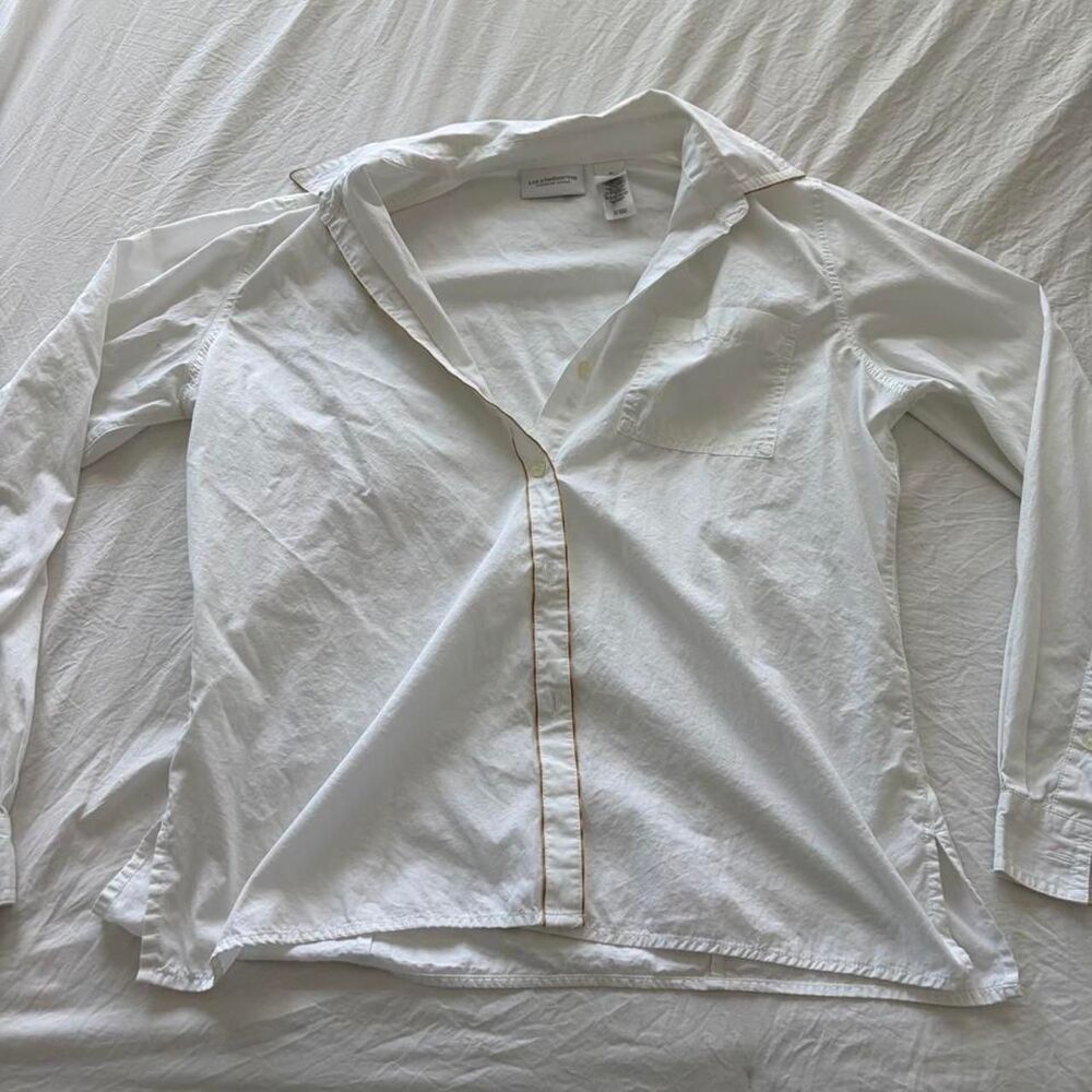 LIZ CLAIBORNE White Button Up Tan Trim Shirt Womens Medium